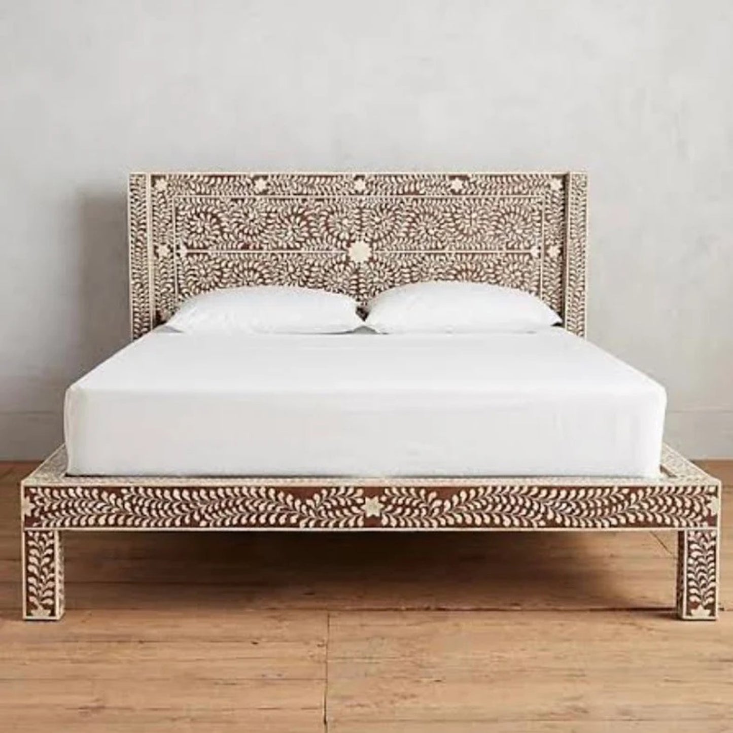 Bone Inlay Bed, Floral Pattern Vintage Look King And Queen Size Bed, Bedroom Décor Personalized