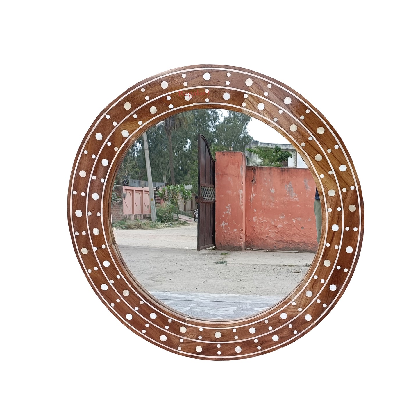 Round bone inlay handmade wooden wall hanging mirror frame For Home Decor