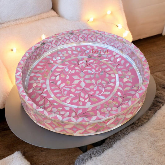 Beautiful Floral Design Mother-of-Pearl Round Kitchen Serving Tray