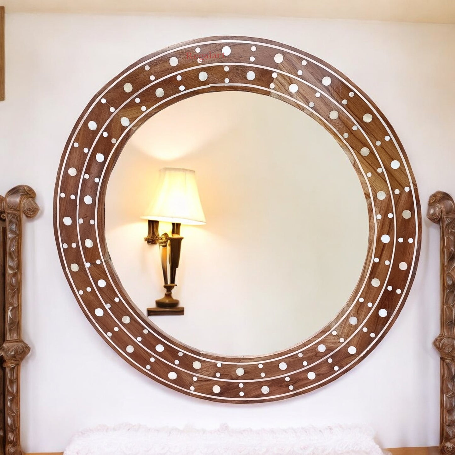 Round bone inlay handmade wooden wall hanging mirror frame For Home Decor