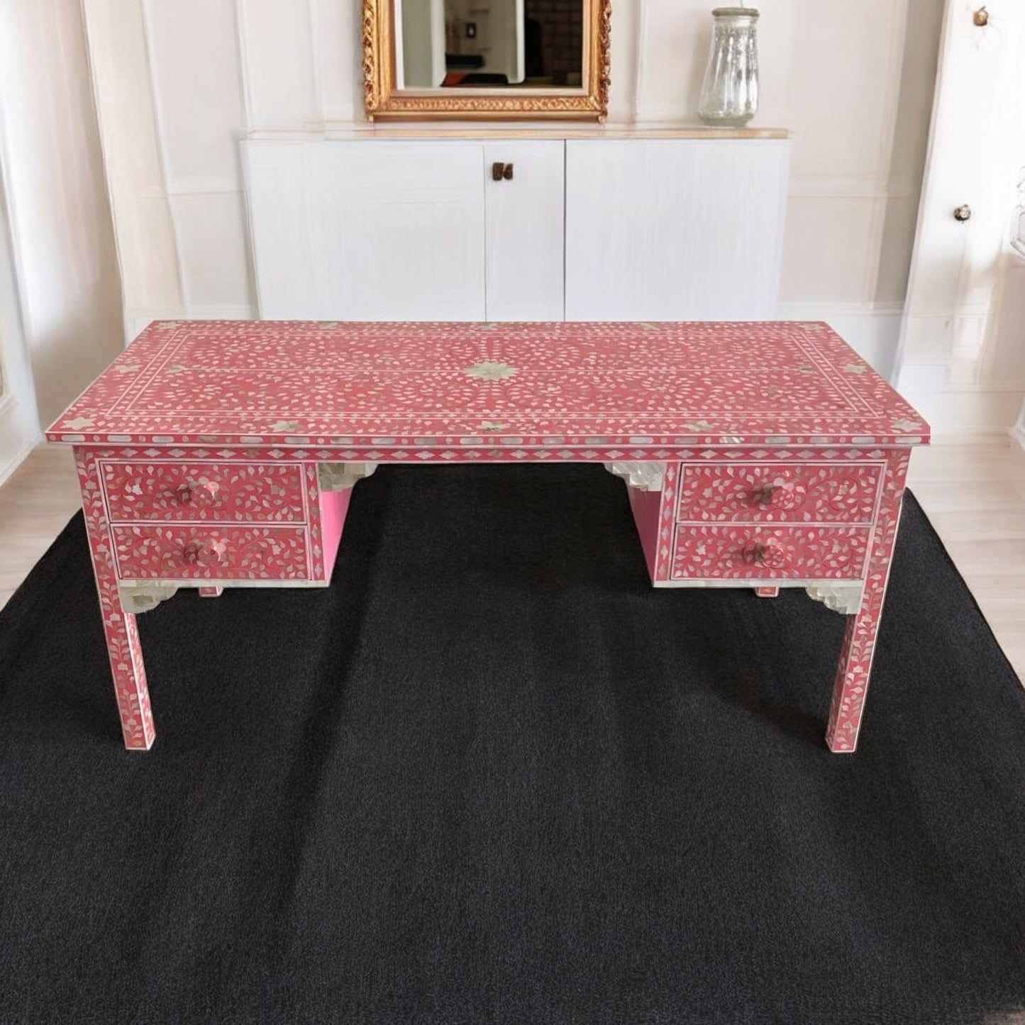 Mother of Pearl Work Desk Laptop Table Study Handmade Floral Pattern Drawer Desk Table Bedroom Decor Table