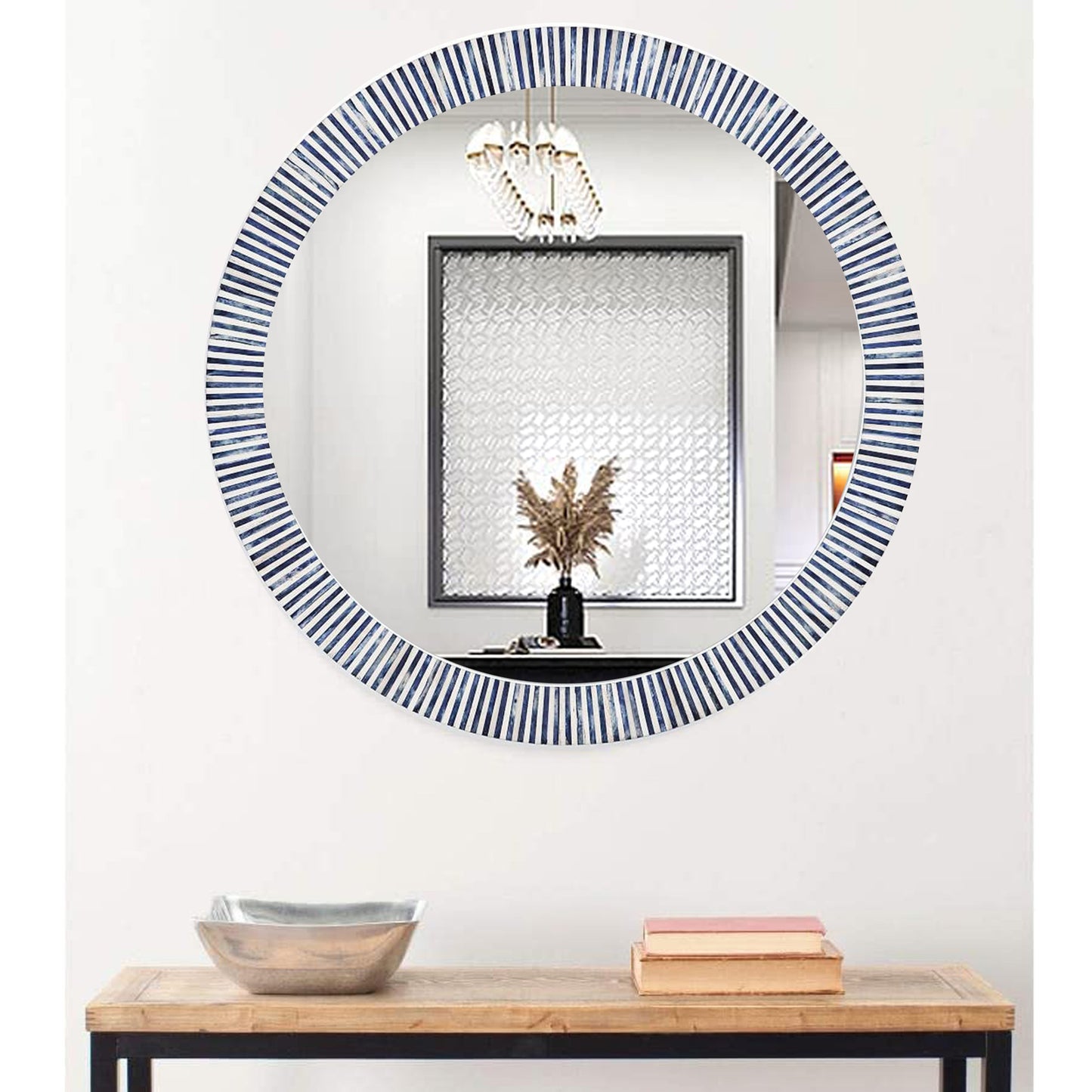 Blue Bone Inlay Striped Design Wall Mirror frame Round Pattern Bathroom end Bedroom Decor Mirror Frame