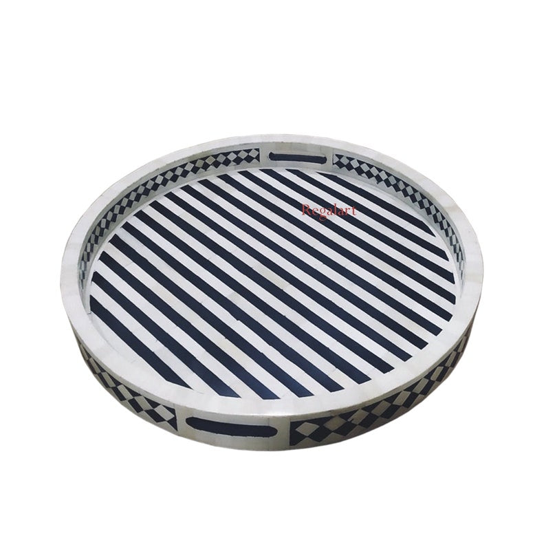 Bone Inlay Round Tray, Wooden Inlay Tray Handmade Serving Tray Home Décor