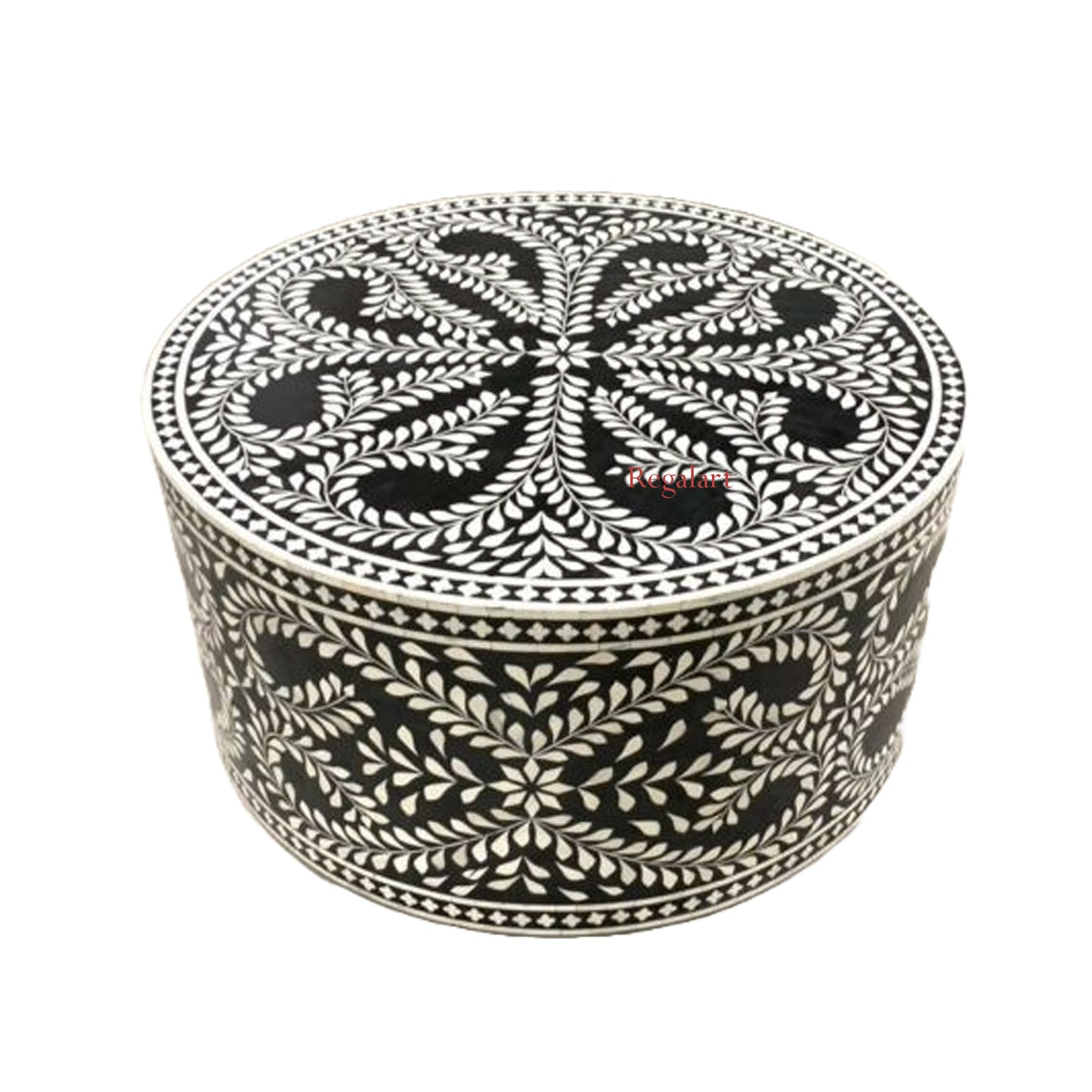 Bone Inlay Coffee Table Center Table Handmade Round Coffee Table Floral Pattern