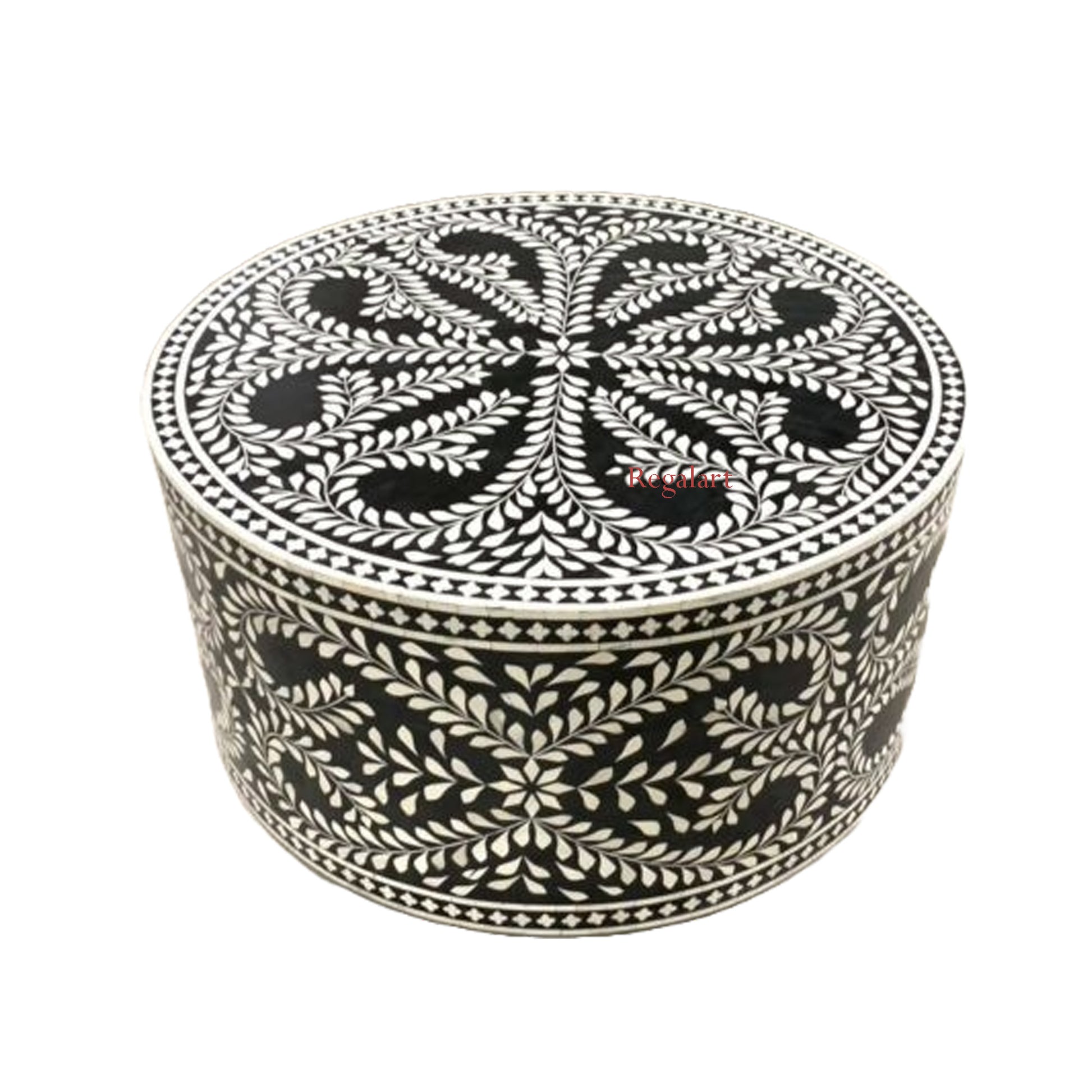Bone Inlay Coffee Table Center Table Handmade Round Coffee Table Floral Pattern