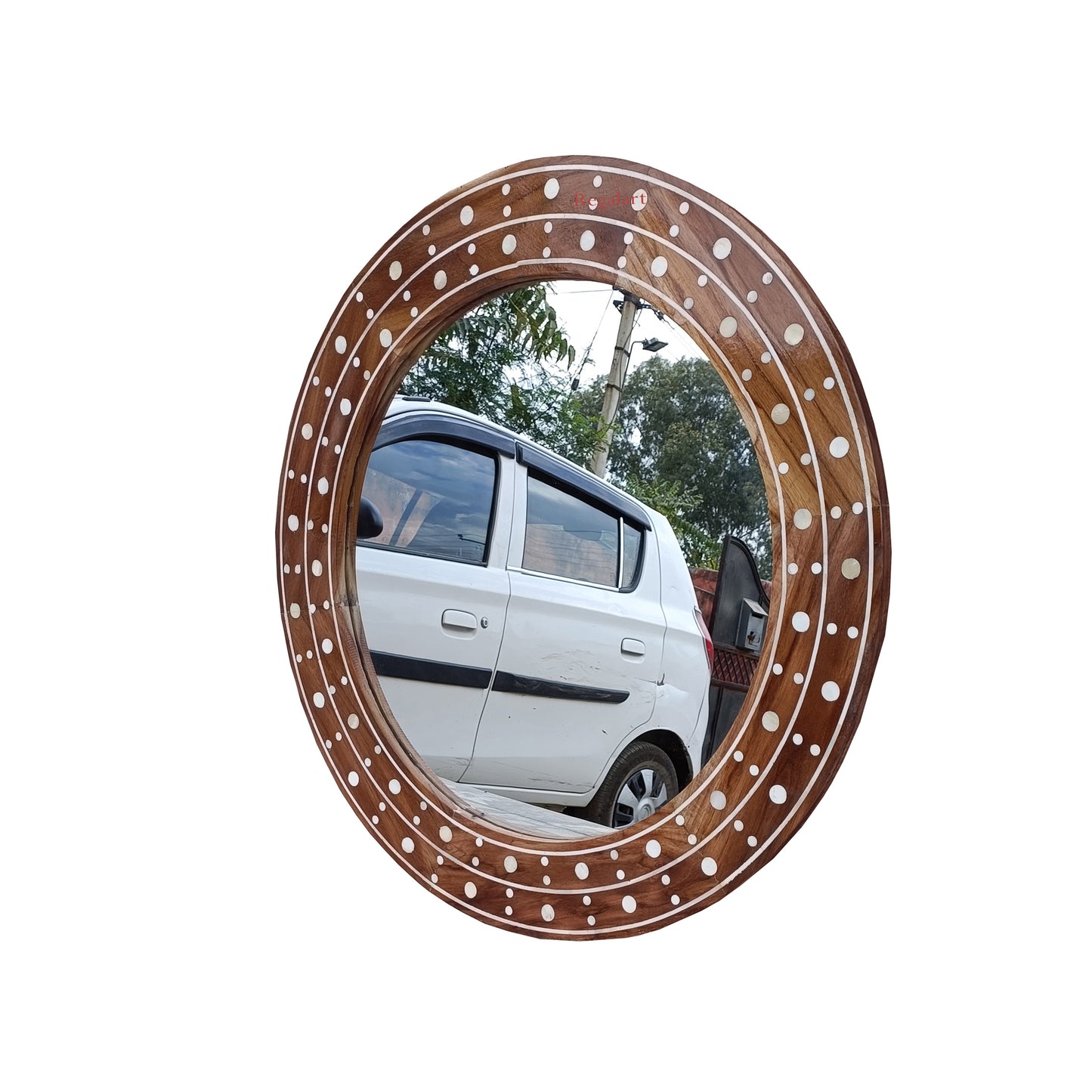 Round bone inlay handmade wooden wall hanging mirror frame For Home Decor