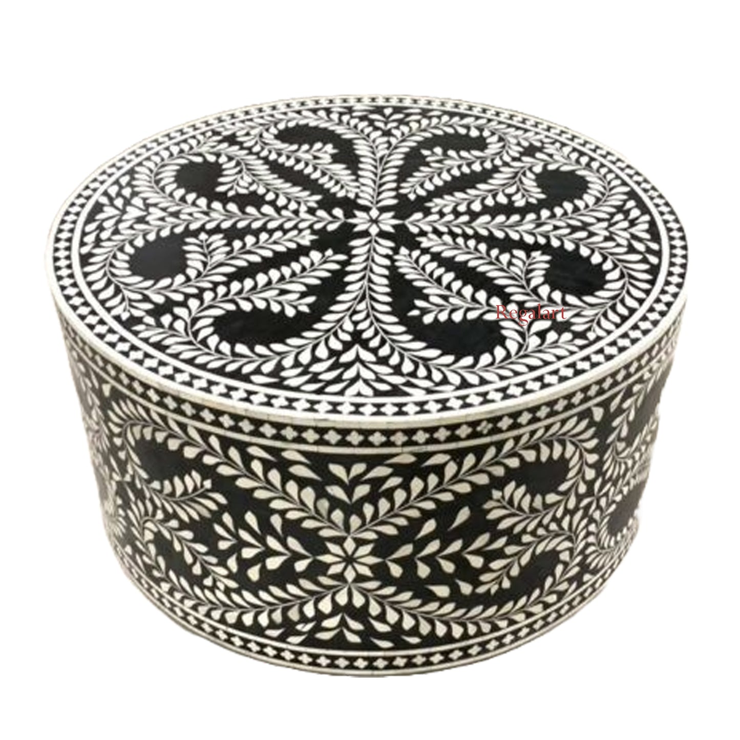 Bone Inlay Coffee Table Center Table Handmade Round Coffee Table Floral Pattern
