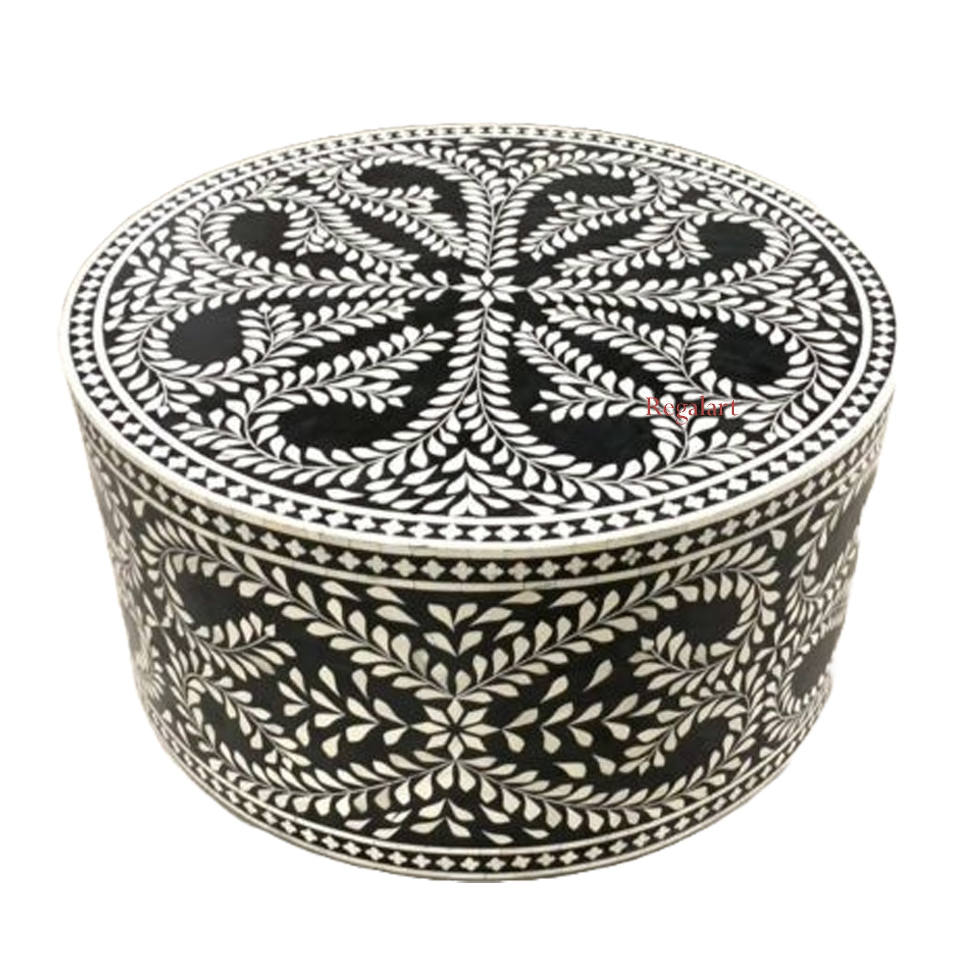 Bone Inlay Coffee Table Center Table Handmade Round Coffee Table Floral Pattern