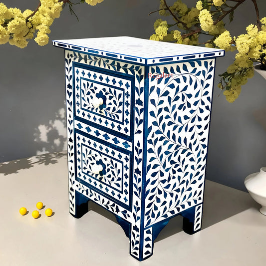 Blue Bone Inlay Bedside Table Nightstand Handmade Floral Pattern Drawer Side Table Home Decor