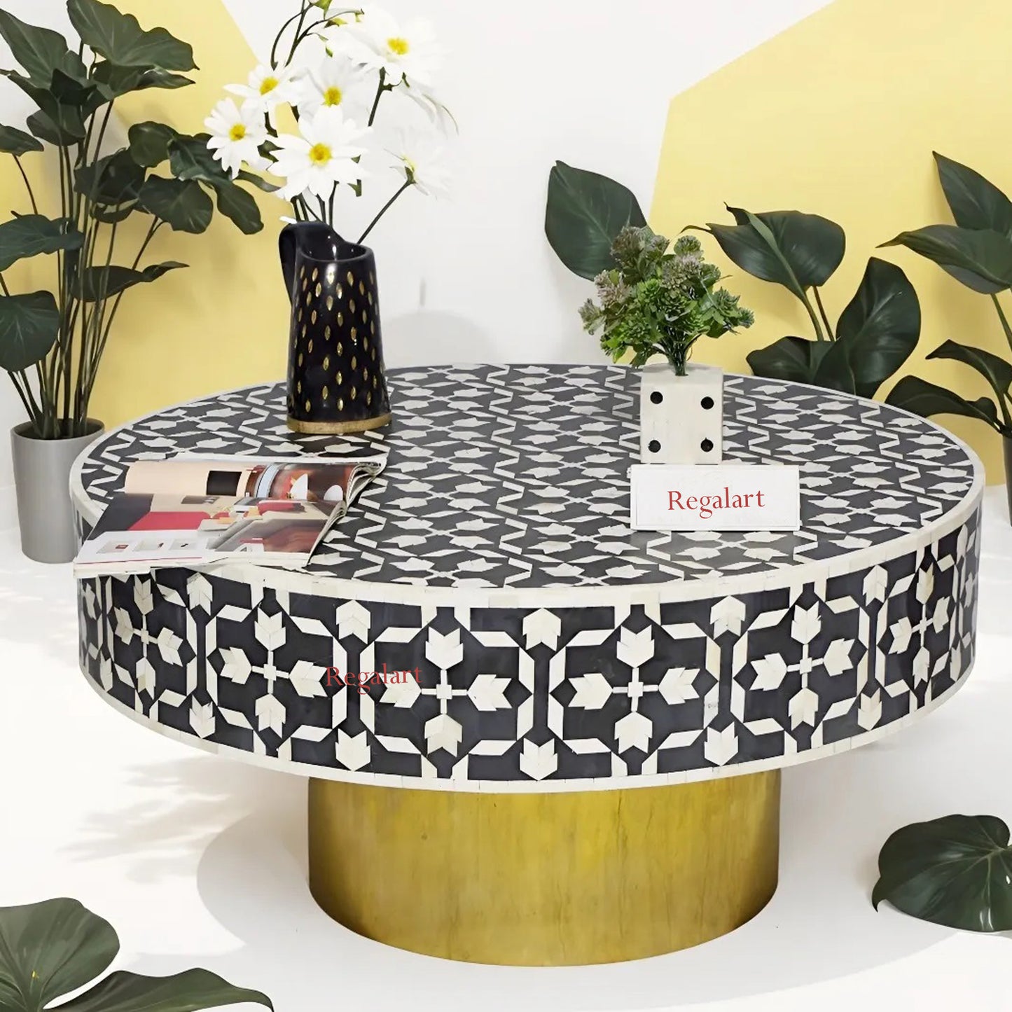 Coffee Table Center Table Handmade Bone Inlay Unique Pattern Home Decor Art