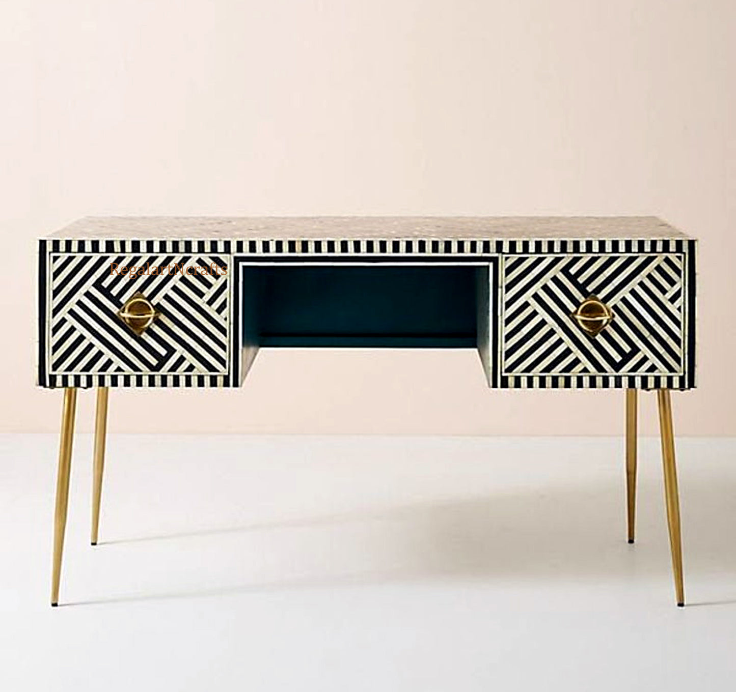 Bone Inlay Desk Table Handmade Craft Home Decor Work Space Furniture Brass Legs