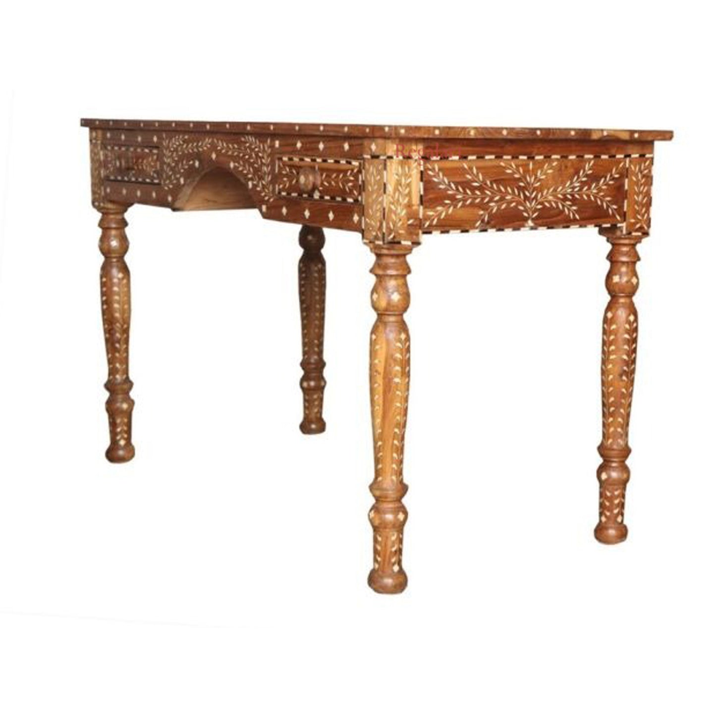 Wooden Carving Bone Inlay Desk Table Handcrafted Floral Art Home Decor