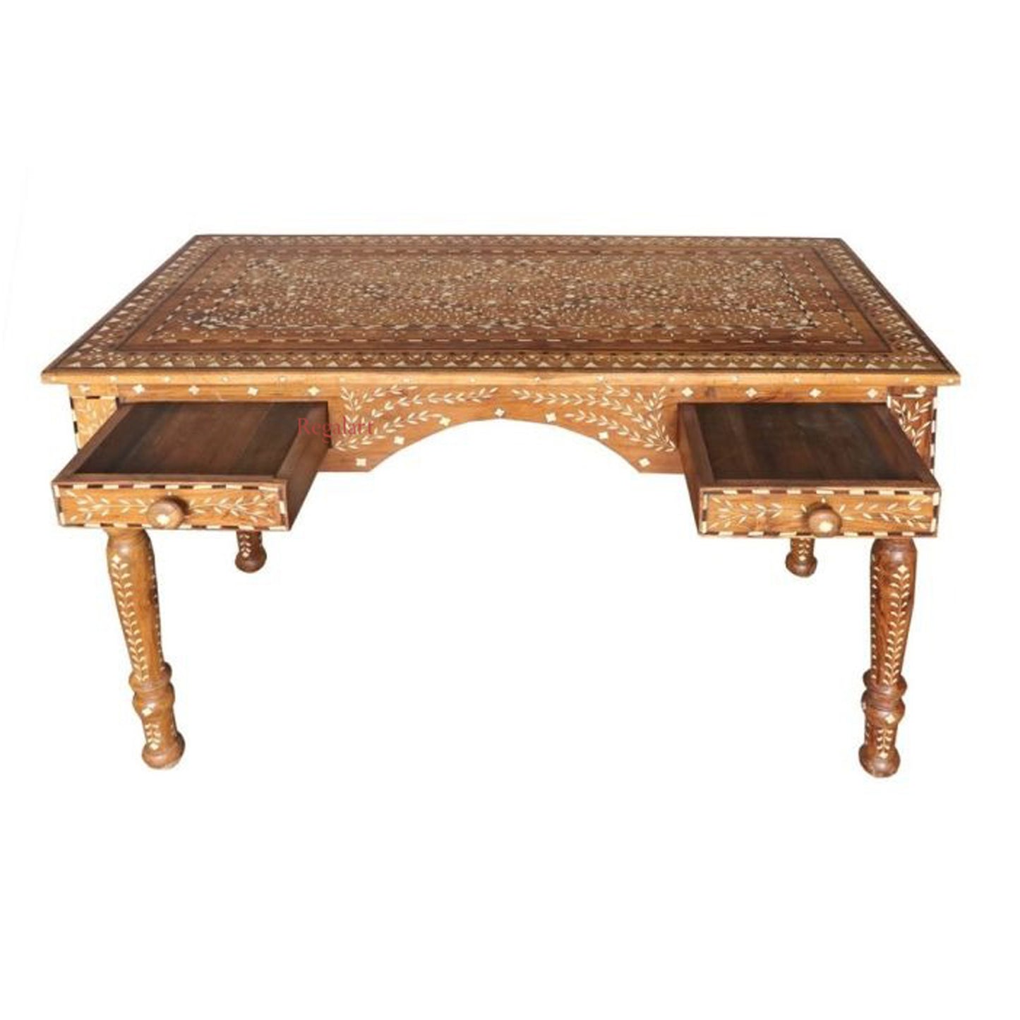 Wooden Carving Bone Inlay Desk Table Handcrafted Floral Art Home Decor