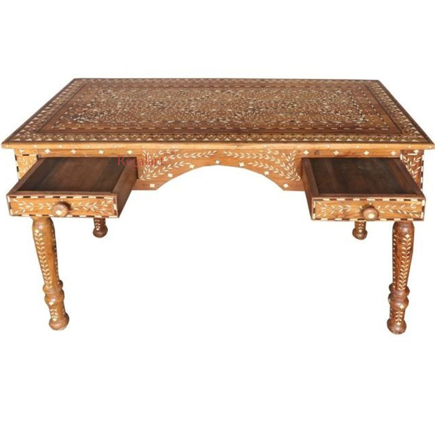 Wooden Carving Bone Inlay Desk Table Handcrafted Floral Art Home Decor