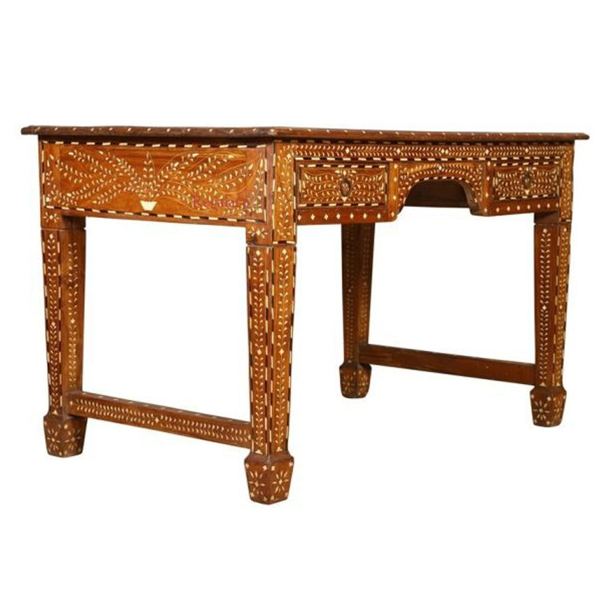 Wooden Carving Bone Inlay Desk Table Drawer Table Study Table Floral Pattern Home Decor Art