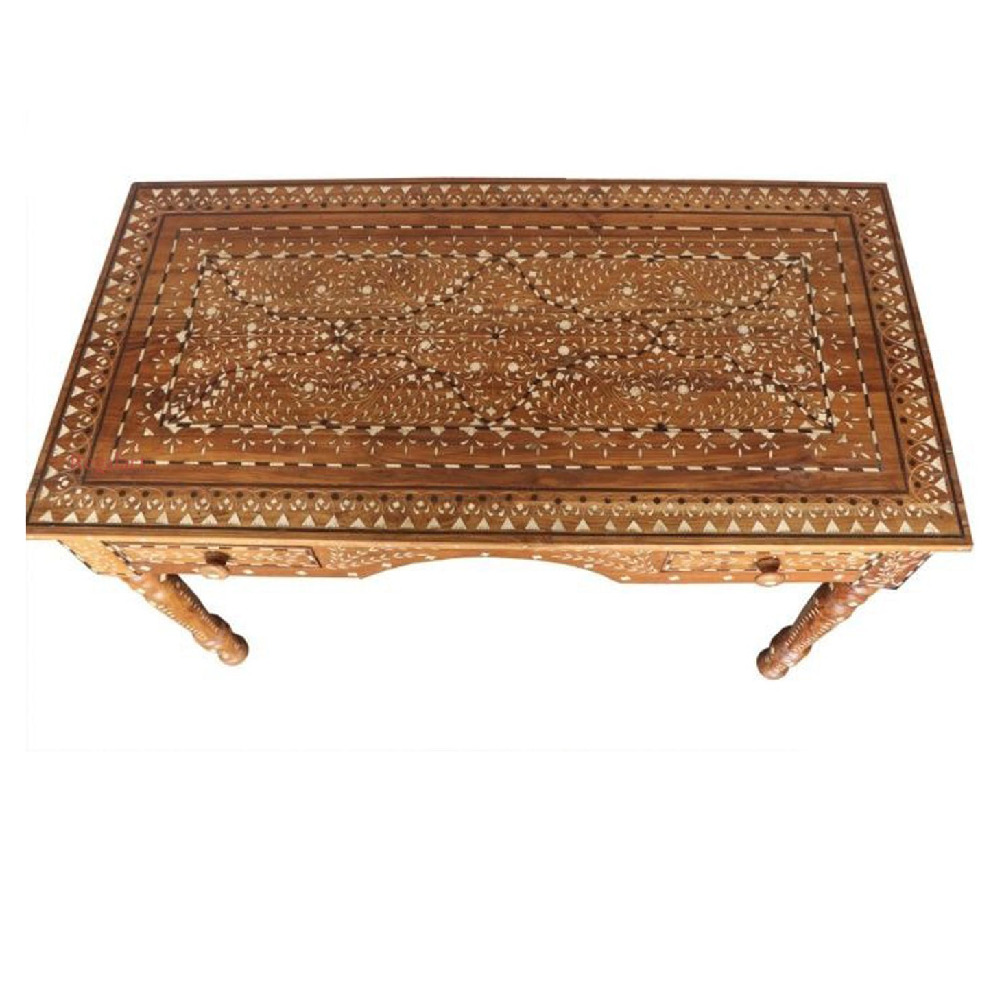 Wooden Carving Bone Inlay Desk Table Handcrafted Floral Art Home Decor