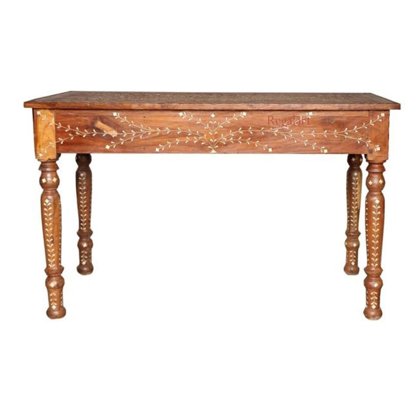 Wooden Carving Bone Inlay Desk Table Handcrafted Floral Art Home Decor