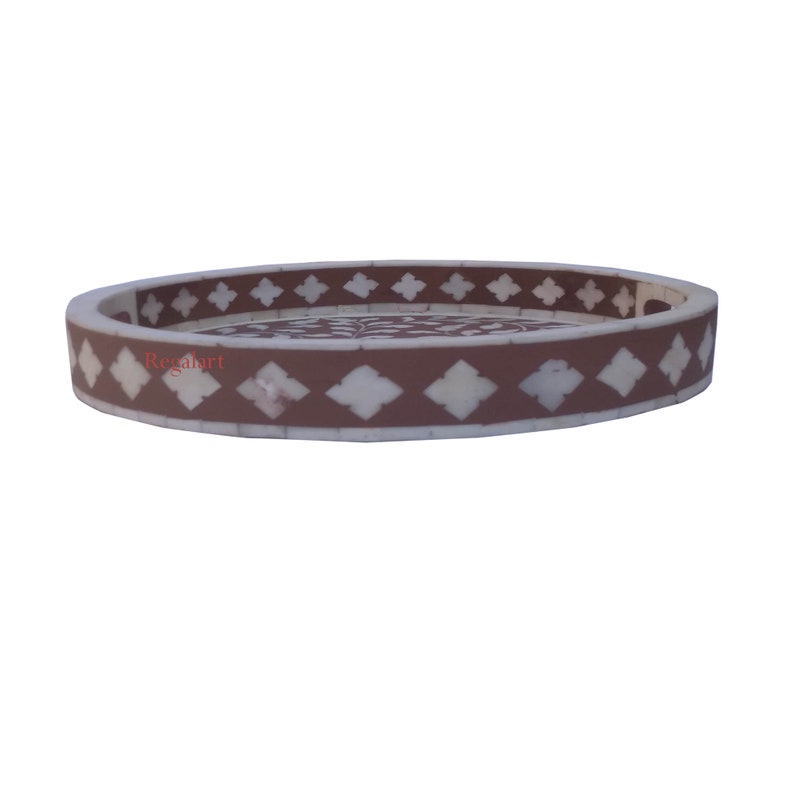 Bone Inlay Round Design Floral Pattern Serving Tray for Home Decor Kitchen Decor Tray