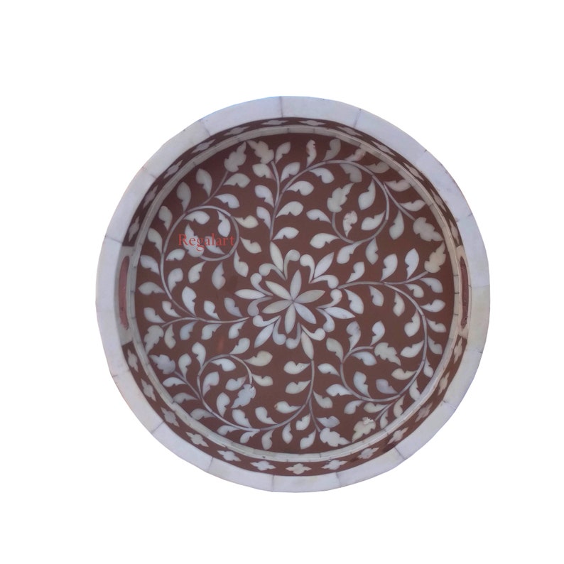 Bone Inlay Round Design Floral Pattern Serving Tray for Home Decor Kitchen Decor Tray