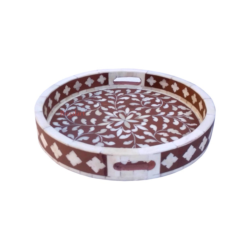 Bone Inlay Round Design Floral Pattern Serving Tray for Home Decor Kitchen Decor Tray
