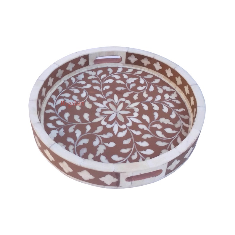Bone Inlay Round Design Floral Pattern Serving Tray for Home Decor Kitchen Decor Tray