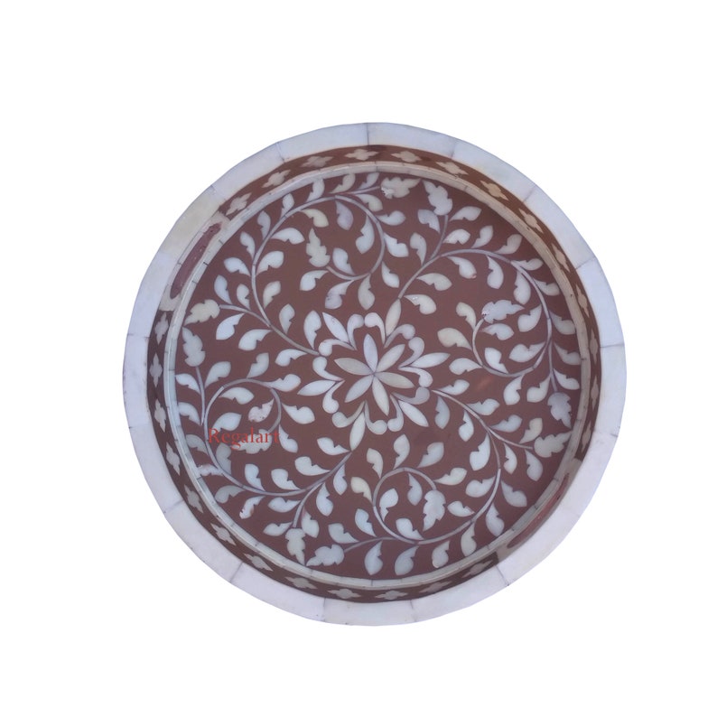Bone Inlay Round Design Floral Pattern Serving Tray for Home Decor Kitchen Decor Tray