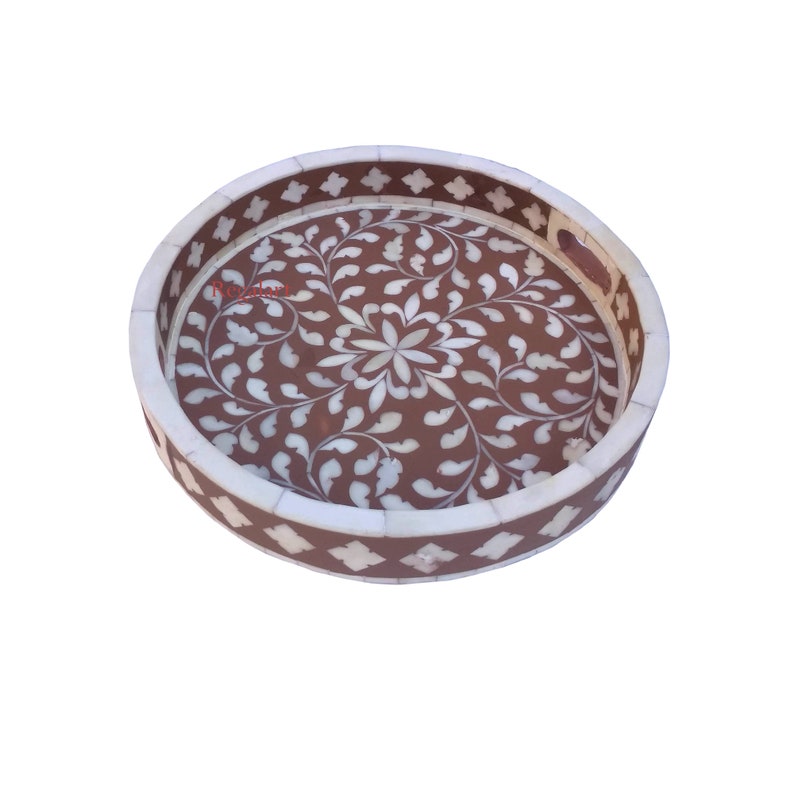 Bone Inlay Round Design Floral Pattern Serving Tray for Home Decor Kitchen Decor Tray