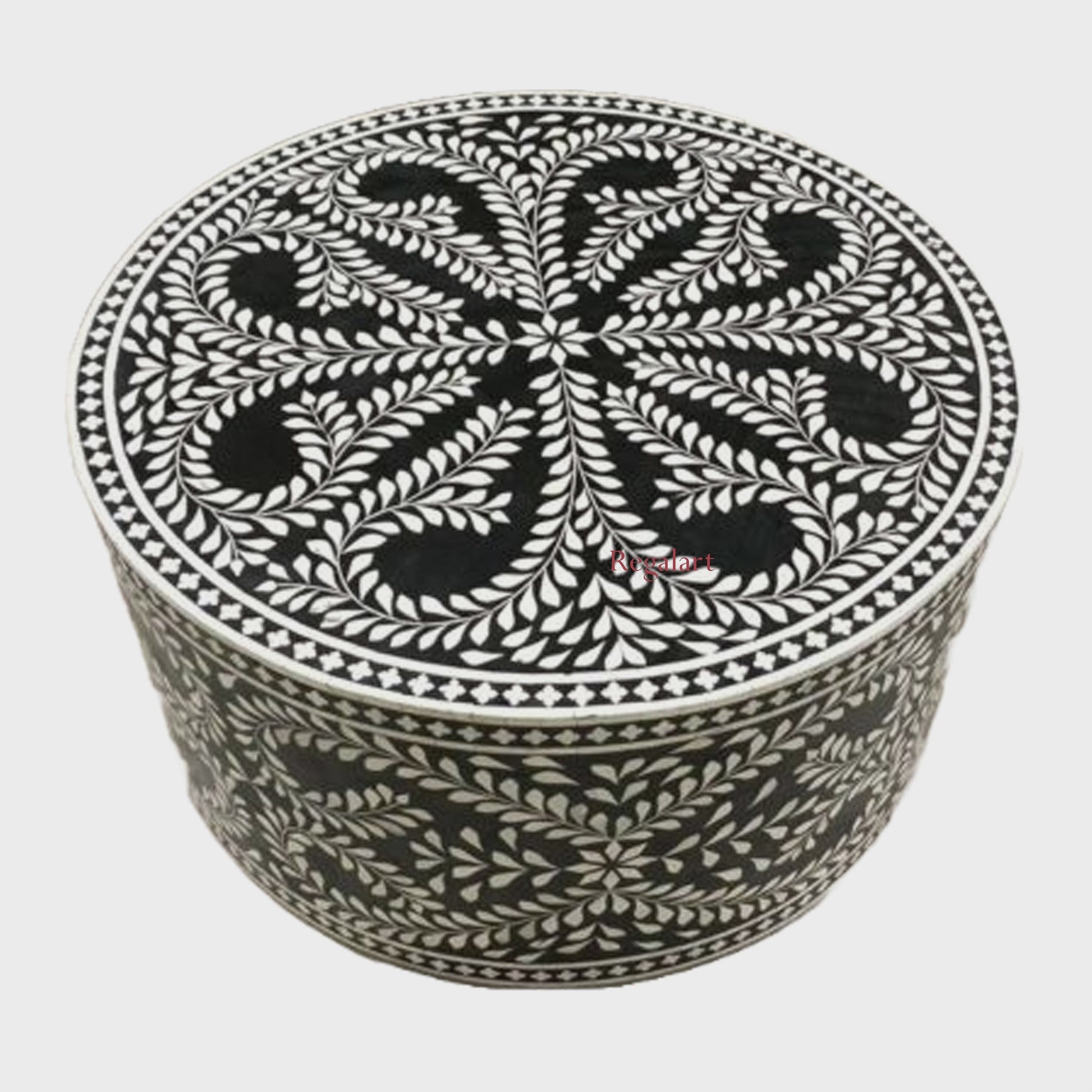 Bone Inlay Coffee Table Center Table Handmade Round Coffee Table Floral Pattern