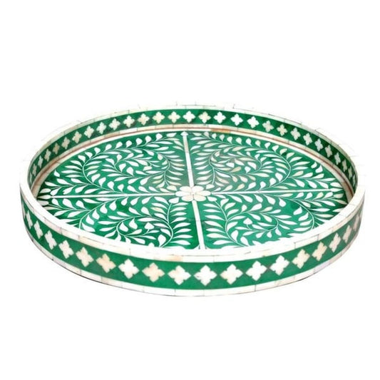 Handmade Bone Inlay Round Serving Tray – Floral Pattern – Artisan Home Decor