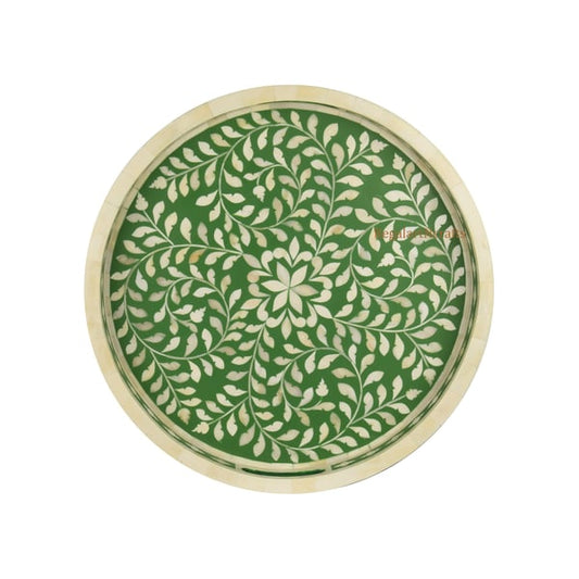 Handmade Bone Inlay Round Tray – Floral Pattern – Decorative Tray