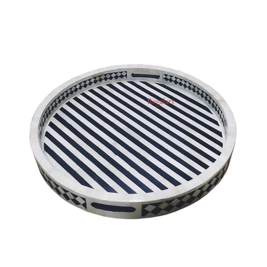 Handmade Bone Inlay Round Tray – Striped Pattern – Decorative Serving Tray