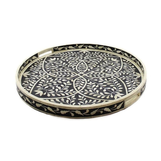 Handmade Bone Inlay Round Tray – Floral Pattern – Decorative Serving Tray