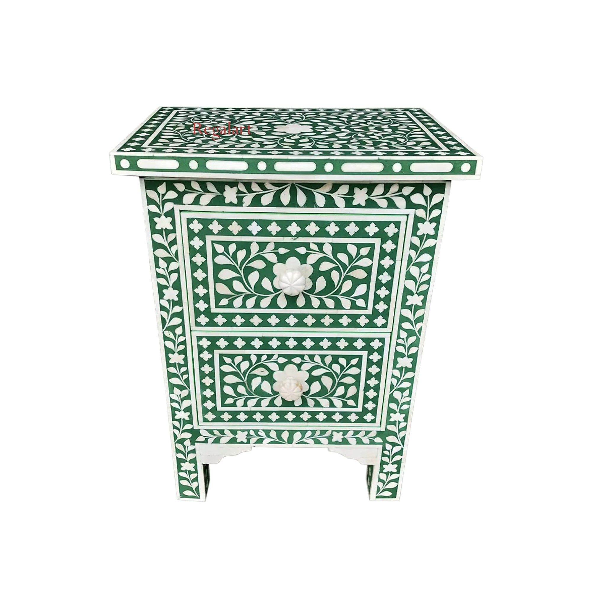 Bone Inlay Bedside Nightstand Table Vintage Floral Desing Handmade 2 Drawer Table Home Decor