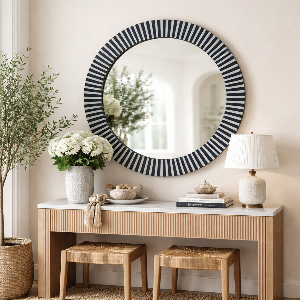 Round Wall Decor Mirror Frame With Bone Inlay Unique Pattern Home Decorative Wall Mirror
