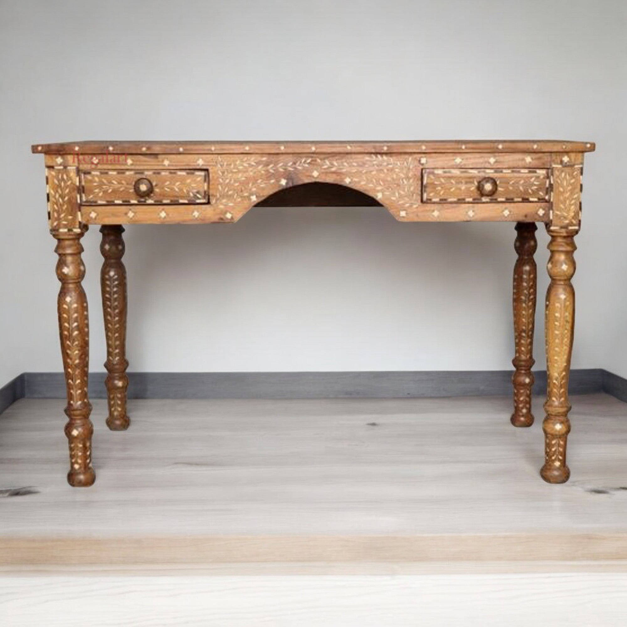 Wooden Carving Bone Inlay Desk Table Handcrafted Floral Art Home Decor