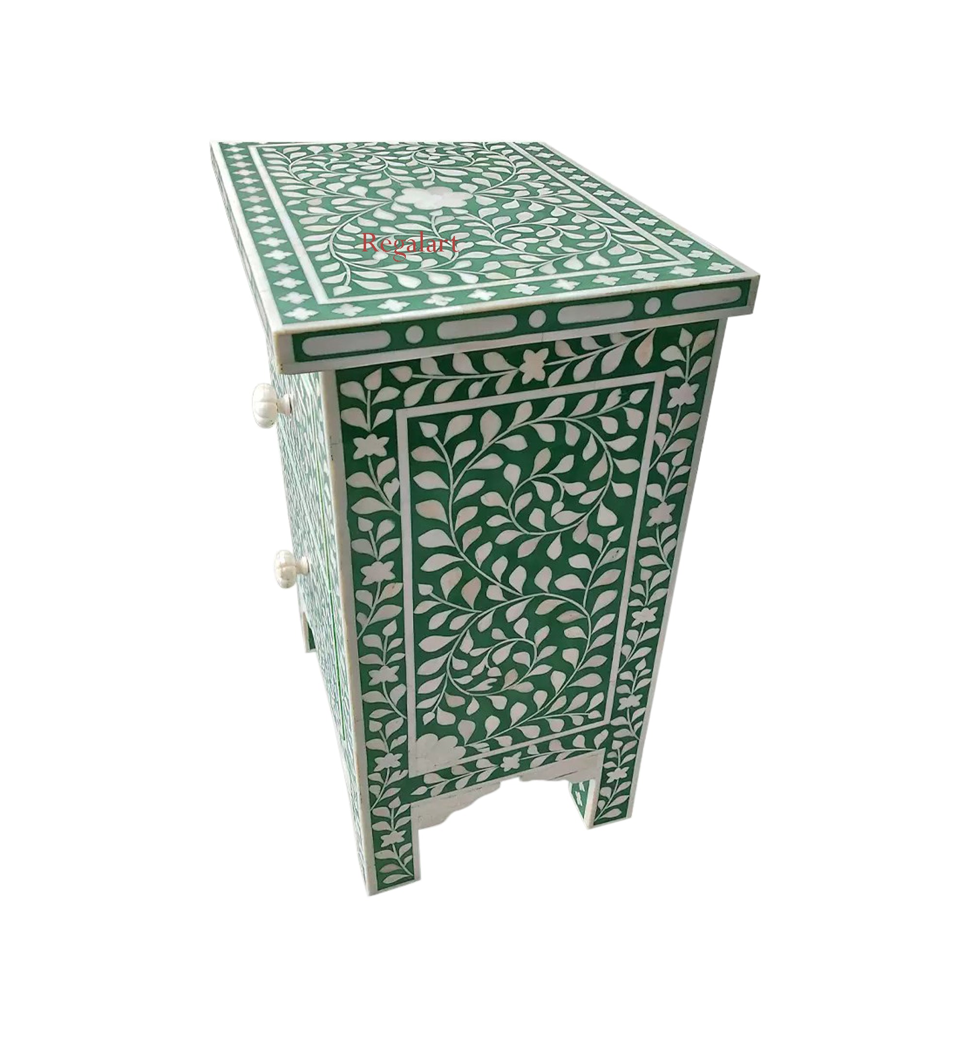 Vintage floral 2 drawer bone inlay bedside table – side angle

