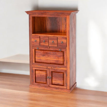 Handmade wine rack table with drawer and door. Rustic, solid, reclaimed wooden furniture.