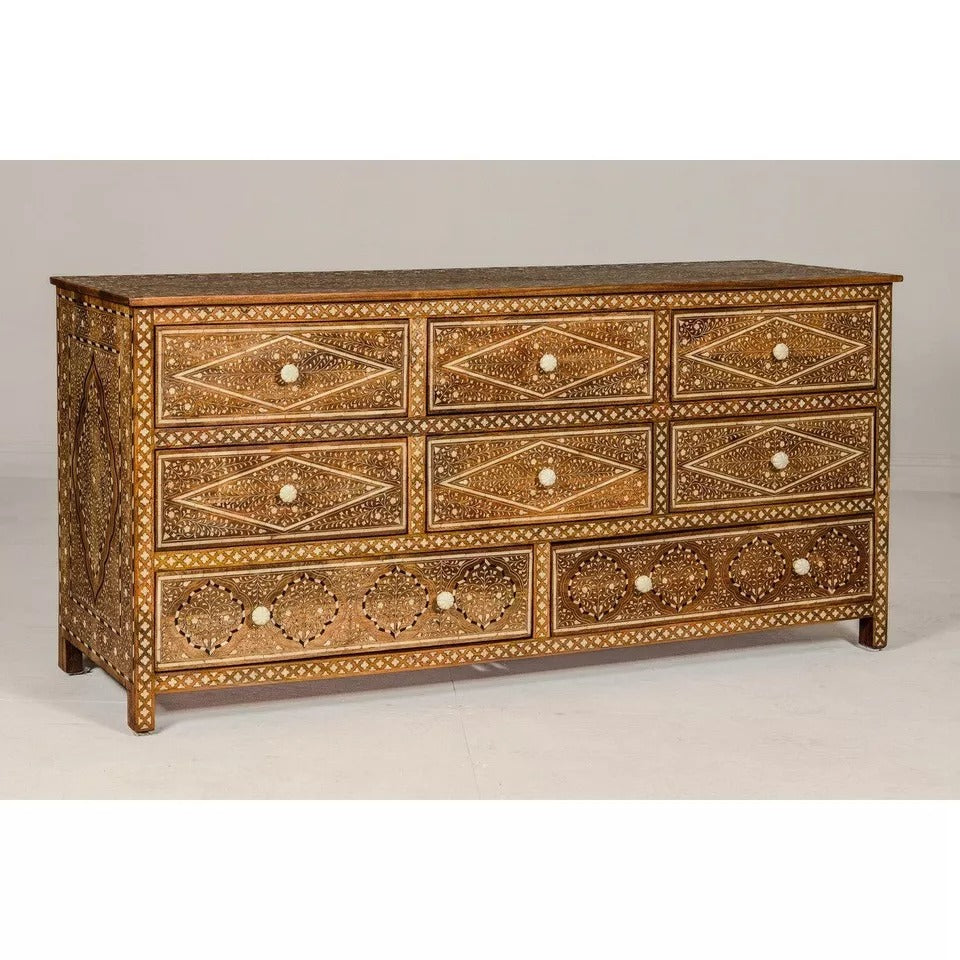 Wooden Chest Of Drawers Mango Anglo-Indian Style Eight Drawers Floral Bone Inlay