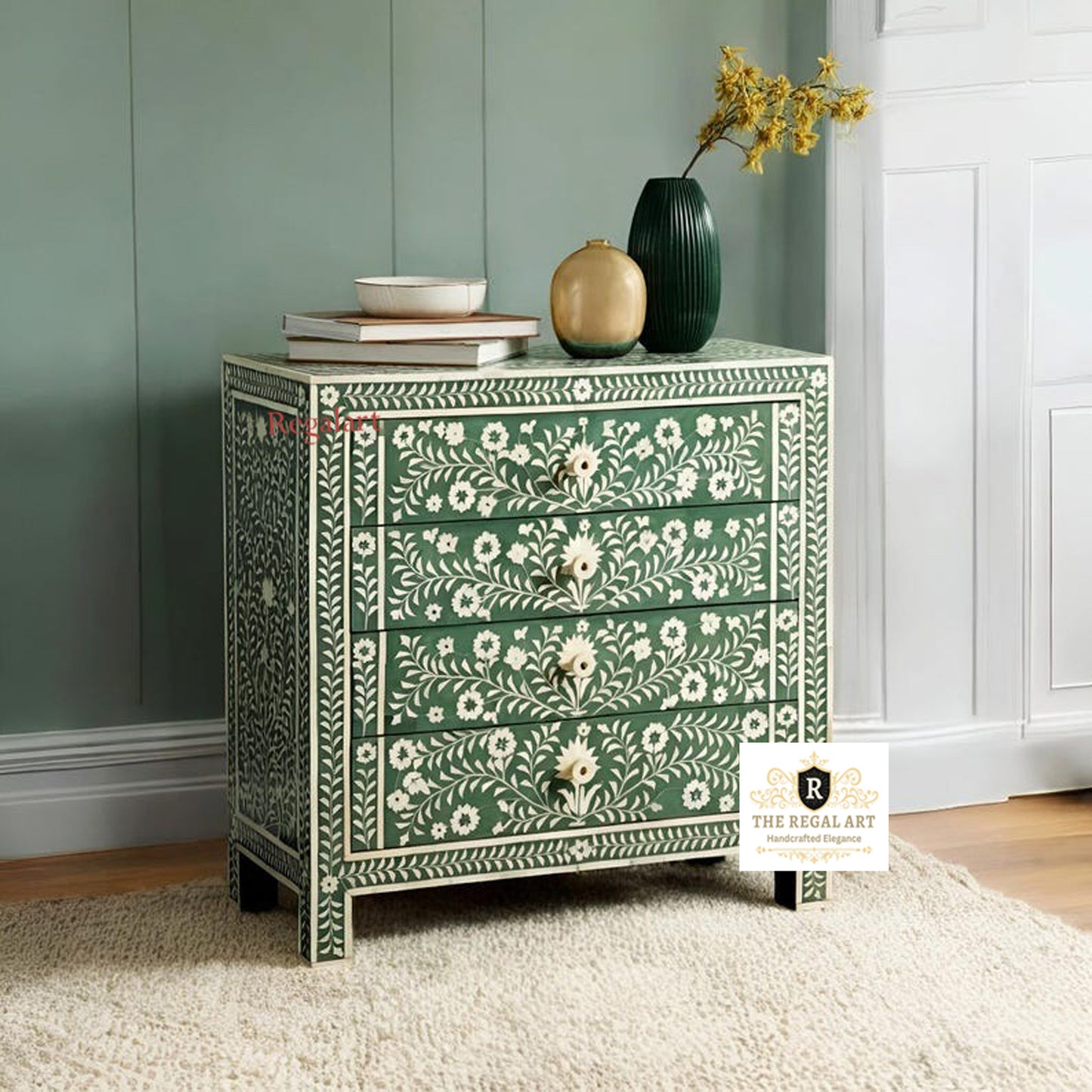 Four Drawer Bone Inlay Chest | Green Floral Pattern Dresser | Home