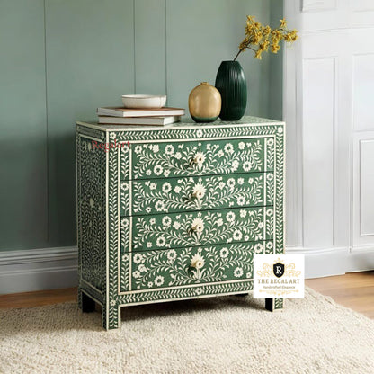 Four Drawer Bone Inlay Chest | Green Floral Pattern Dresser | Home