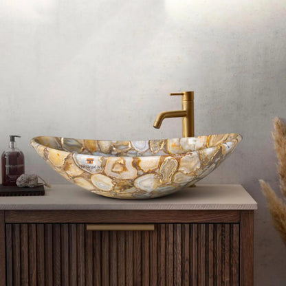 Golden Agate Stone Sink: Luxury Handmade Bathroom Vessel Basin