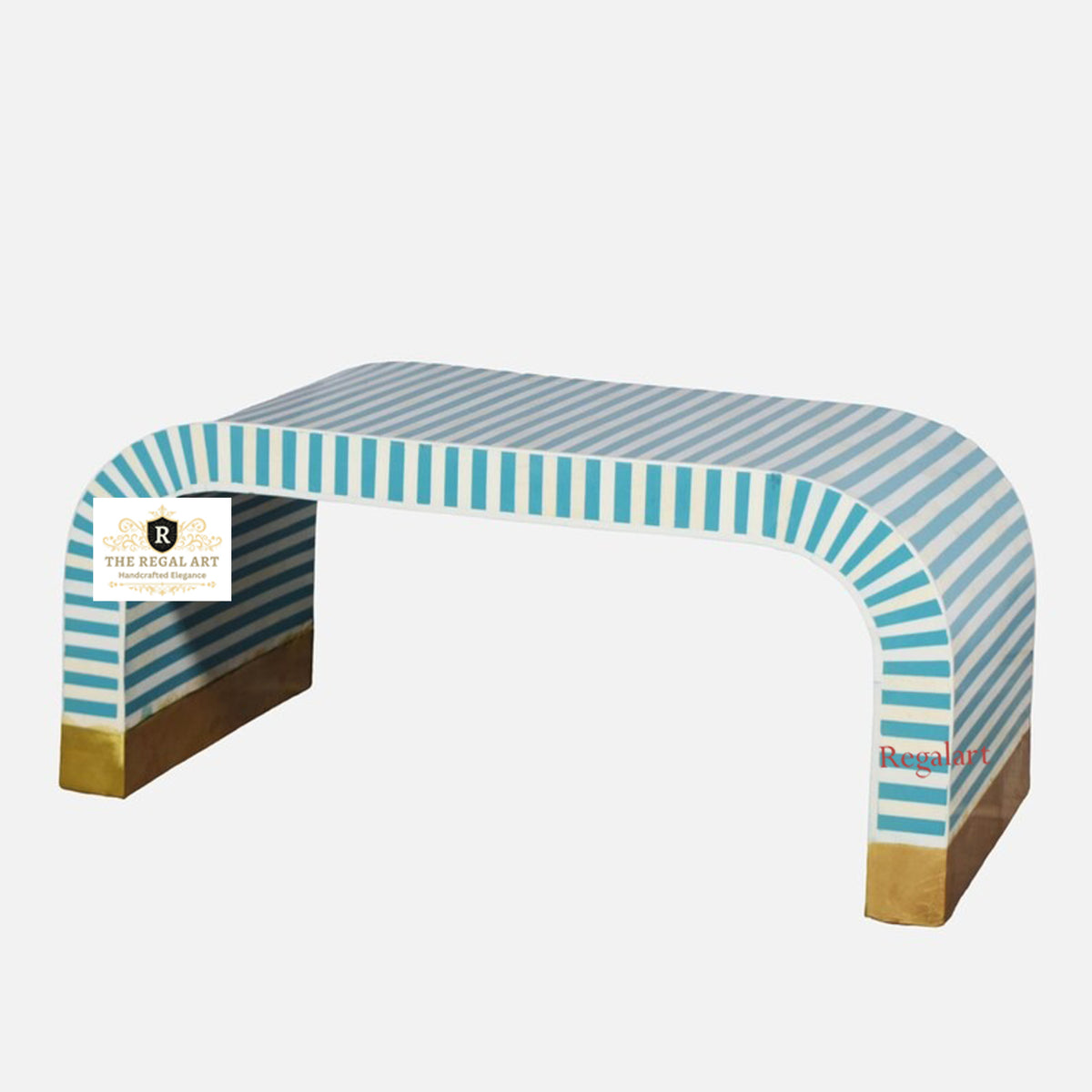 Premium Blue Bone Inlay Coffee Table Featuring U-Shape Waterfall Base and Striped Inlay Pattern