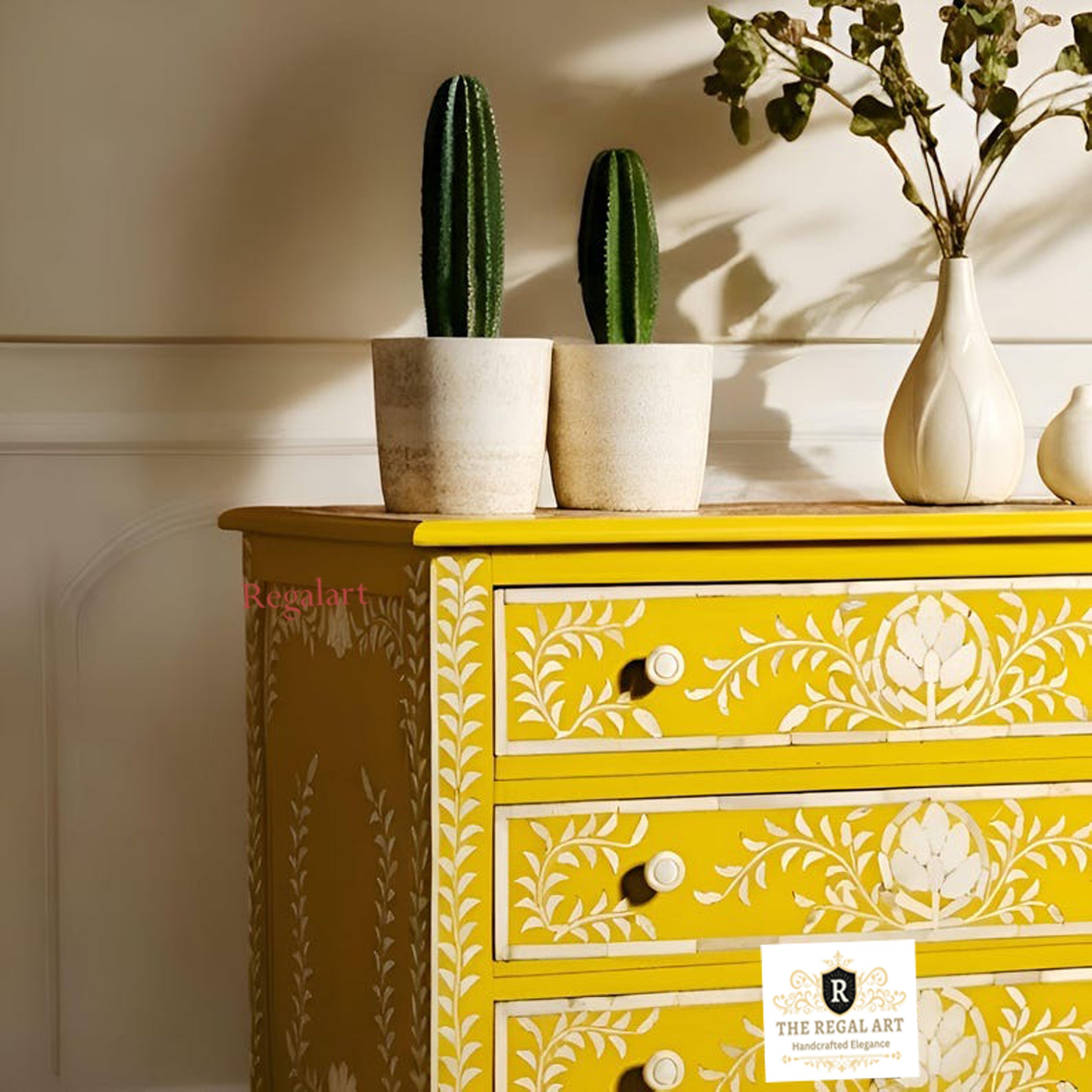 Handmade Bone Inlay Chest – 3 Drawer Luxury Storage Cabinet | Decorative Furniture for Living Room, Bedroom, or Entryway