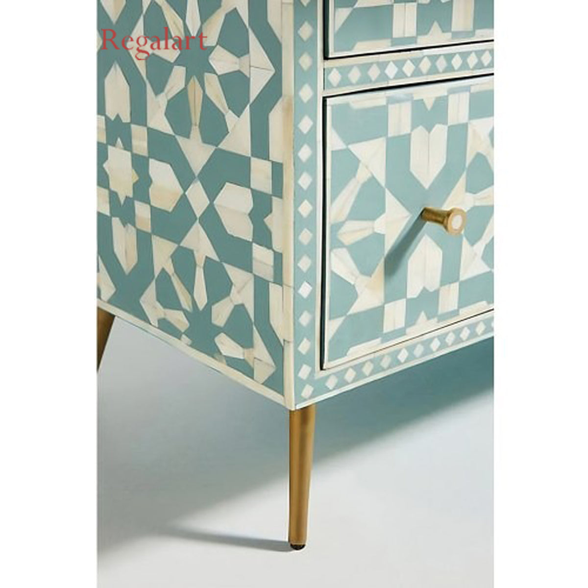 Close-Up of Handmade Aqua Blue Bone Inlay Chest Corner with Moroccan Geometric Pattern