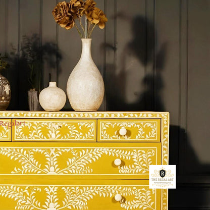 Premium Bone Inlay Six Drawer Chest | Floral Yellow Dresser | Home Storage Solution