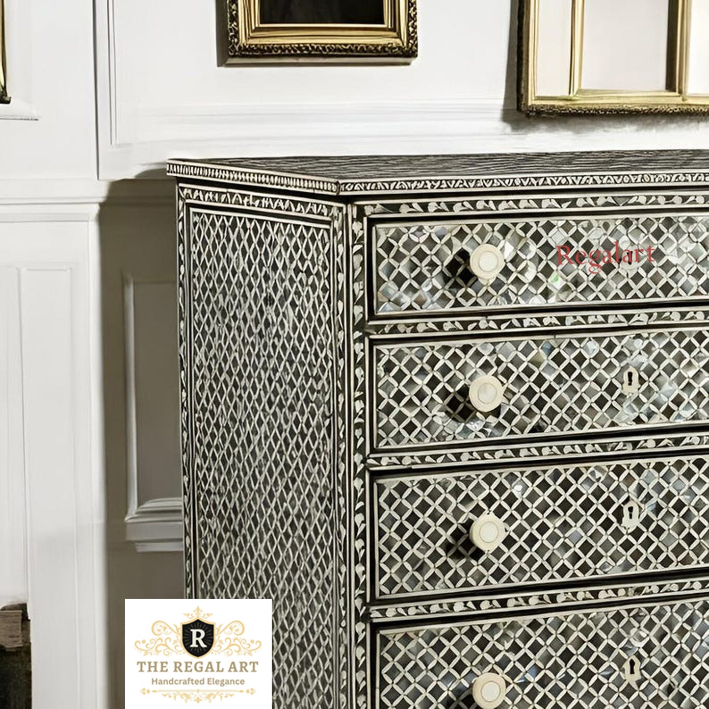 Square Pattern Dresser | Black Mother of Pearl Chest | Home Decor