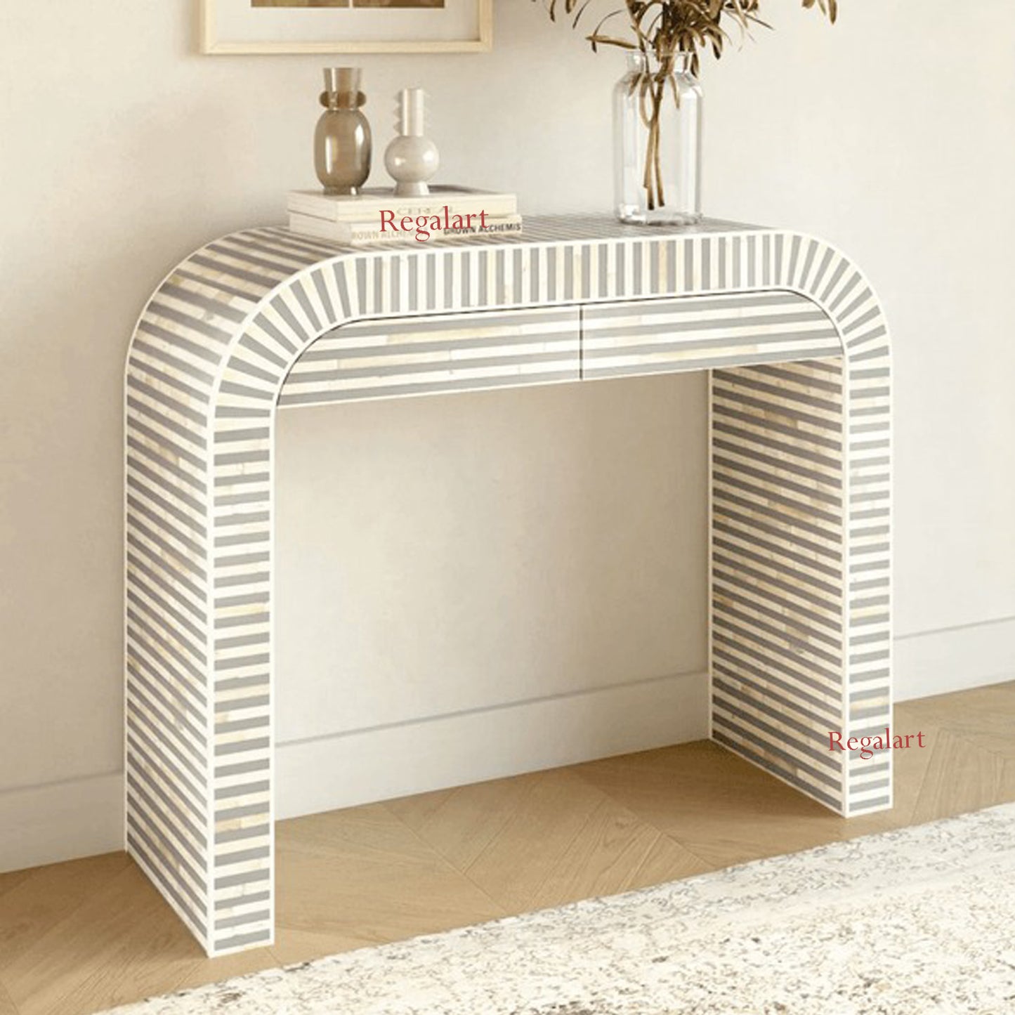 Bone Inlay Waterfall Console Table | Striped Pattern Stylish Dresser