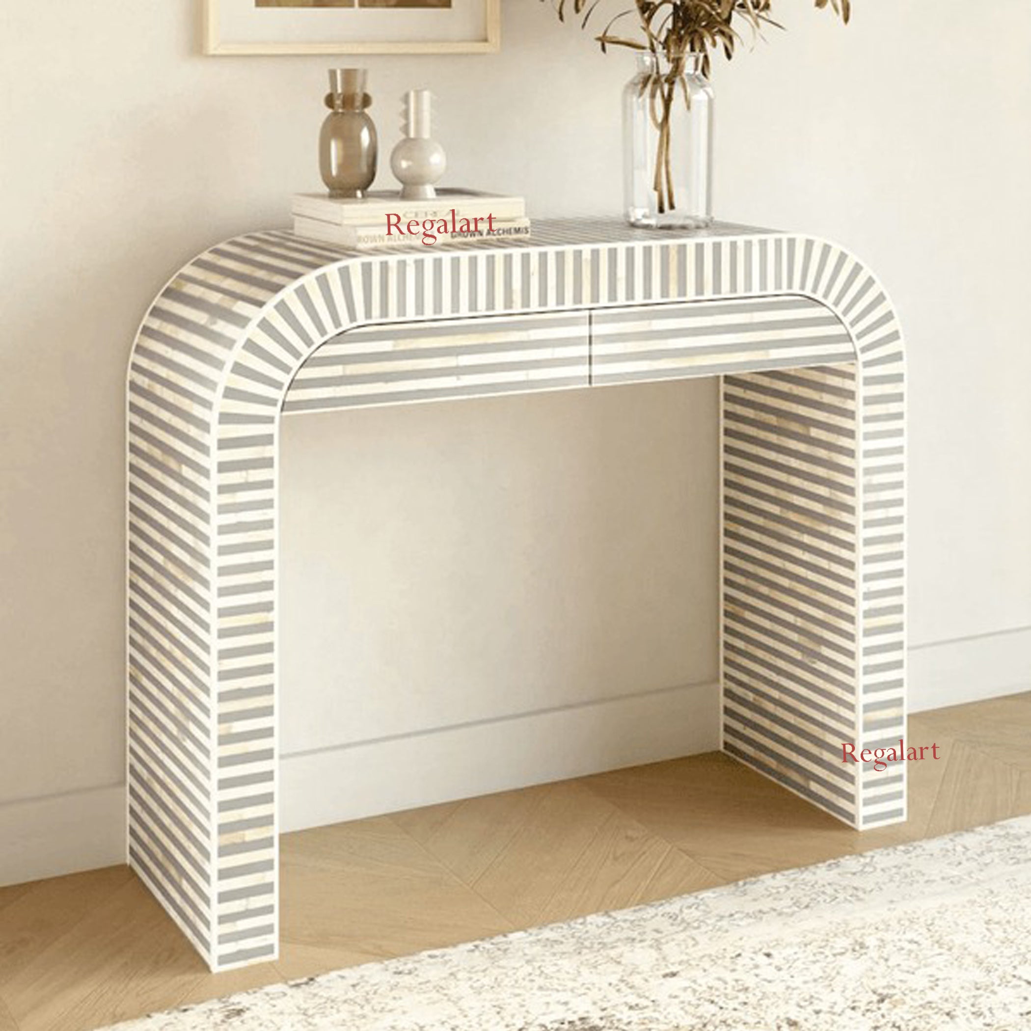 Luxury Bone Inlay Waterfall Console Table – Striped Design