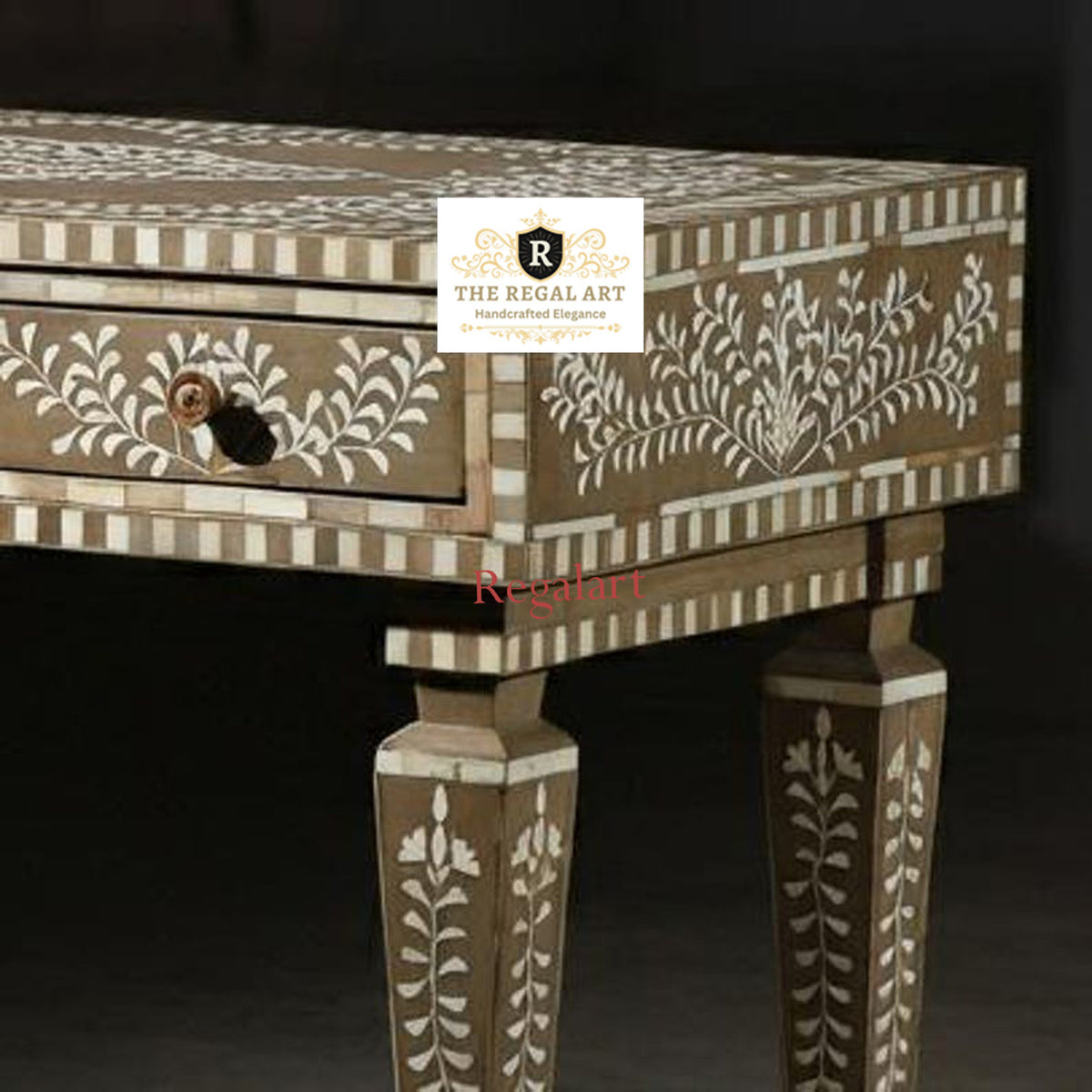 Floral Pattern Bone Inlay work desk | Brown Inlay Desk Handmade Three Drawer