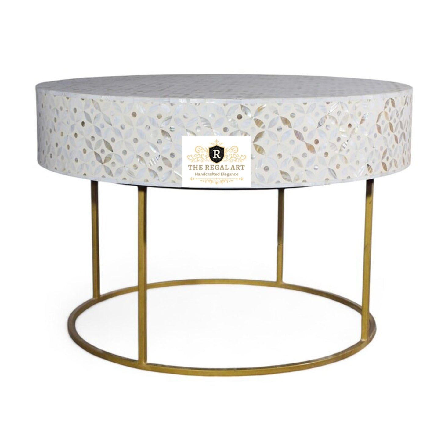 Round Mother of Pearl Coffee Table with Metal Stand - White Petal Design